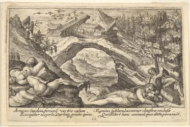 Etter syndfloden: menneskekropper ligger spredt på tørt land i forgrunnen, Noahs ark ligger fortøy..., 1612.