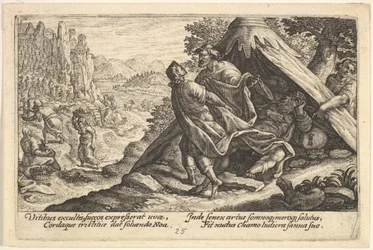 Noahs drukkenskap: Sem og Jafet dekker den nakne kroppen til Noah, som ligger i et telt, en ..., 1612.