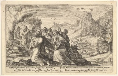Gud inngår en pakt med Noah: ved siden av et rykende bål kneler Noah i en gest av p..., 1612.