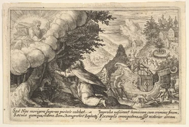Noah kneler foran Gud til venstre, byggingen av arken i gang bortenfor, fra en serie..., 1612.