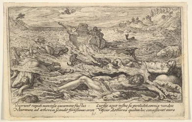 Flommen ødelegger livet på jorden: lik av mennesker og dyr driver i forgrunnen..., 1612.
