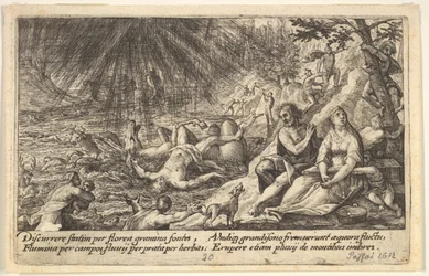 Begynnelsen av flommen: menn og kvinner klatrer til høyere bakken til høyre, vann overtak..., 1612.