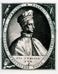 Portrett av Amerigo Vespucci, inskripsjon "Americus Vesputius Florentinus Land of Bresilian Inventor Subactor" (gravering)