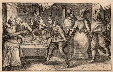 En backgammon-fest med spaserende spillere - nederlandsk kobberplategravering; fra et sett med trykk, Hortus Voluptatem, av Crispin de Passe (1550-1643) - Et par som spiller backgammon overrasket av fem menns masker gravert av Crispin de Passe l