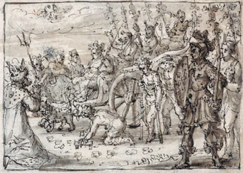 Triumferende inntog av den indiske Bacchus i Theben (penn og brunt blekk med brun vask på papir)