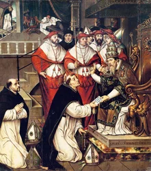 Honorius III (Cencio Savelli, pave fra 1216 til 1227) bekrefter Saint Dominic-ordenen. Maleri av Cristobal Llorens (cirka 1550-1616)