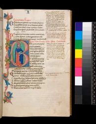 Ms 325. Lucan, Bellum Civile og andre verk, f.10r. Opplyst initial [B], bebodd av et forfatterportrett i full lengde, som strekker seg inn i en delvis løvverk, ca. 1400-10 (pergament)