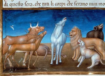 Verdens ende: og stjernene skal falle fra himmelen og dyrene skal bli redde (c.149v). 1476