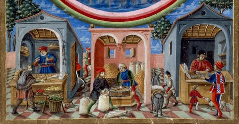 Detalj av kjøpmenn som selger forskjellige gjenstander: til venstre, en kjøpmann av frukt og grønnsaker, i midten en mølle som støper korn (miniatyr, ca. 1470)