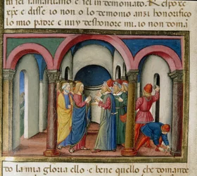 Jesus ble forelsket nær Salomos tempel av jøder som ba ham om å bevise sin miniatyridentitet til Cristoforo De Predis (1440-1486) etter historien til Det nye testamente