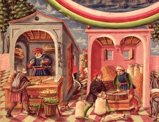 Ms Lat 209 fol.6v Jupiter, detalj av frukt- og kornhandlere, fra De Sphaera, ca. 1470 vellumdetalj av 308309