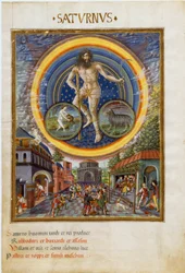 Saturn med stjernetegnene Vannmannen og Steinbukken. Spillscenene og deres innflytelse på menneskene. (miniatyr, ca. 1470)
