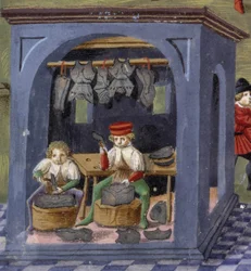 en børsemaker i "" Månens innflytelse "": håndverkerne. Miniatyr laget av Cristoforo de Predis (v. 1440-v. 1486) - i “” De Sphaera””” d'Este. Rundt 1470. Biblioteca Estense, Modene.