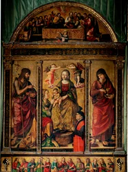 Triptyk av St. Catherines mystiske ekteskap, omgitt av de hellige døperen Johannes og evangelisten Johannes (Tremaleri