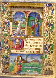 Annunciation, Borromeo Book of Hours, med Giovanni III Borromeo og hans kone Cleofa Pio da Carpi i bønn.