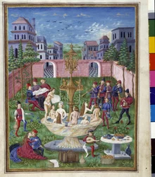 Innflytelse av Merkur: Kjærlighetens hage og ungdommens kilde. Miniatyr laget av Cristoforo de Predis (v. 1440-v. 1486) - i “” De Sphaera””” d