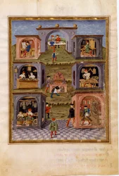 Innflytelser fra Merkur: håndverkerne. En matlagingsscene omgitt av en måltidsscene, en kopist, en urmaker, en våpenmaker, en orgelmaker, en skulptør og en hellig kunstmaler (miniatyr, ca. 1470)