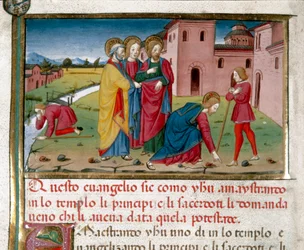 Jesus gir syn til en blind mann ved fødsel Miniatyr av Cristoforo De Predis (1440-1486) etter Det nye testamentes historie (fol. 7)