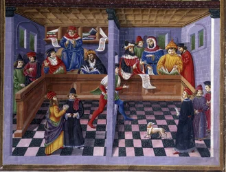 Tribunal (Il Tribunale) i "" Innflytelse av mars "": jakten og domstolen. Miniatyr laget av Cristoforo de Predis (ca. 1440-c. 1486) - i “” De Sphaera ”” ”d