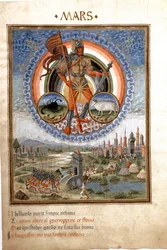 Mars med stjernetegnene skorpion og belier. Kampscenene. (miniatyr, ca. 1470)