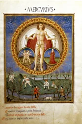 Merkur med stjernetegnene Jomfruen og Tvillingene. Bønder arbeider på markene, miniatyr, ca. 1470