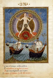 Månen med stjernetegnet på kreft. Båter under den stigende hoppen (miniatyr, ca. 1470)