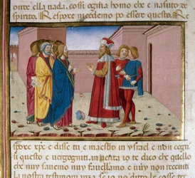 Fariseeren Nikodema besøker Jesus miniatyr av Cristoforo De Predis (1440-1486) etter Det nye testamentes historie (fol. 58)