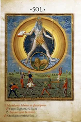 Sol med stjernetegnet til løven. Scener av menns fysiske øvelser. (miniatyr, ca. 1470)