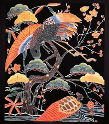 Traner og langhalet skilpadde (tsurugame), detalj fra kimonostoff med lykkebringende motiver, japansk sivilisasjon, Edo-perioden