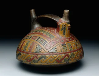 Dobbeltut stropphåndtakskar som viser en falk, Early Horizon, Epoch 8, ca. 500-400 f.Kr. (keramikk og harpikssuspendert maling)