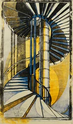 The Tube Staircase, ca. 1930 (linosnitt trykt i farger på vev Japan)