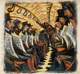 The Tube Train, ca. 1930 (linosnitt trykt i farger på vev japan)