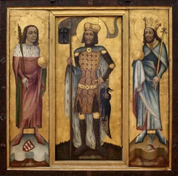 Muhlhausen altertavle (eller Praha altertavle). Åpen altertavle, med de tre hovedhelgenene i Boheme: Saint Vitus (Saint Guy), som bærer en palme og en globus, Saint Wenceslas (eller Wenceslas, Duke of Boheme, ca. 907-929) som bærer en maskestørrelse og hol