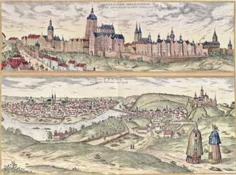 Utsikt over Praha som viser (over) keiserpalasset (Hradschin) og (under) elven Vltava som skiller de gamle og moderne delene av byen (gravering)