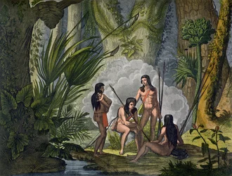 Camacani-stammefolk i skogsområde i Amazonasjungelen, Brasil, fra «Le Costume Ancien et Moderne», bind I, plansje 53, av Jules Ferrario, utgitt ca. 1820-30-årene