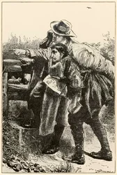Evangelist viser vei fra The Pilgrims Progress From This World, To That Who Is To Come av John Bunyan (1628-1688) illustrasjon av Thomas Dalziel (1823-1906) Evangelist viser Christian the wa