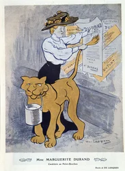 Marguerite Durand limer inn valgplakaten sin, illustrasjon fra 