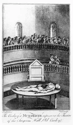 Morderens kropp avslørt i Theatre of the Surgeons#39; Hall, Old Bailey, London, gravert av White (gravering)