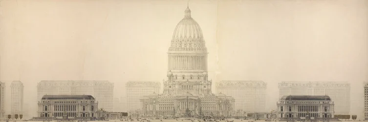 Plate 131 fra The Plan of Chicago, 1909: Chicago. Høyde som viser gruppen av bygninger...