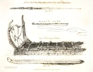 En beinslede, hundepisk, spyd og kniv fra de arktiske høylanderne, illustrasjon fra "A Voyage of Discovery...", 1819