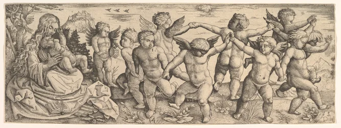 Jomfru og barn med engler som danser i et landskap, 1530-tallet.