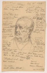 Tegning, Hiram Sibleys hode, mange notater, 1885