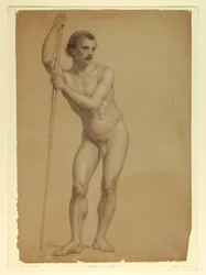 Tegning, Mannlig naken stående, to S, 1866