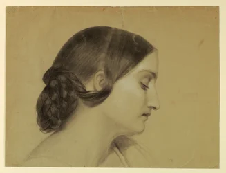 Tegning, profil av en kvinne med flettet knute, ca. 1845