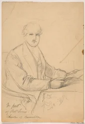 Tegning, Robert Lenox sittende ved et skrivebord for handelskammerets portrett, 1865