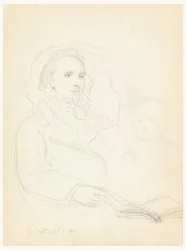 Tegning, skisser til «Leksjon om veldedighet» og portrett av Peter Richards jr., 1849