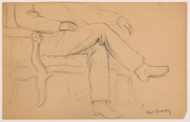 Tegning, William H. Macy sittende, underkropp; baksiden: høyre hånd, 1884