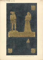 Messingplate for Gregory Lovell og hans kone Anne, datter av David Bellingham, Harlington Church