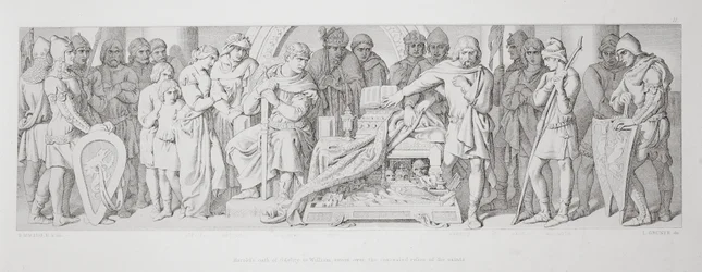 Harolds troskapsed til William, sverget over de skjulte relikviene til helgenene, fra 'The Story of the Norman Conquest', gravert av L. Gruner, 1866 88:Harold II (ca. 1022-66), kronet i 1.