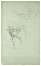 Studie for The Siege of Gibraltar (Study for a Figure on a Cannon in the Longboat), 1785-1786 (svart og hvitt kritt på gråblått papir)